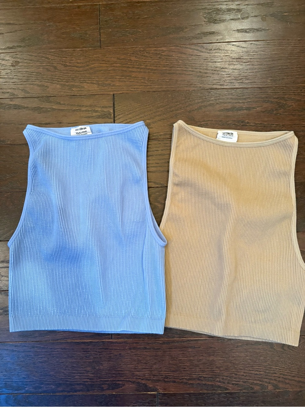 Cotton On Ribbed High-Neck Tank Tops - Light Blue & Tan